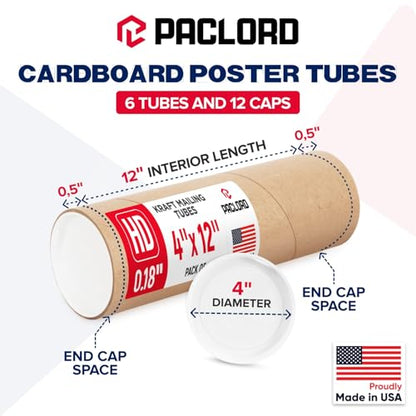 4" x 12" Heavy Duty Reinforced Kraft Paper Mailing Tube, Pack of 6 Tubes with 12 Caps – Secure USPS Approved Poster Tube – Made in USA Cardboard Tube for Shipping and Storing Posters, Prints, Artwork - size: 4" x 12", style: 2X Heavy-Duty