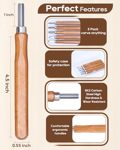 UCEC 5 Pack Linocut Wood Carving Tools Set Linoleum Hand Wood Carving Kit Whittling Knives V-Chisel Angled Gouge Half Round Woodcarving Tools Set Whittling Kit for Linocut Printmaking Supplies Gift - color: Wooden-5 Pack