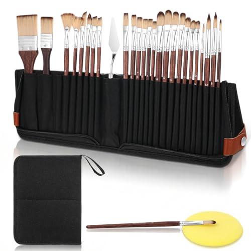 26 Pcs Professional Paint Brush Set, Acrylic Watercolor Oil Paint Brushes with Carrying Case, Palette Knife, Flat Filbert Fan Dagger Cat Tongue Round Brushes for Artists, Gouache, Face Painting
