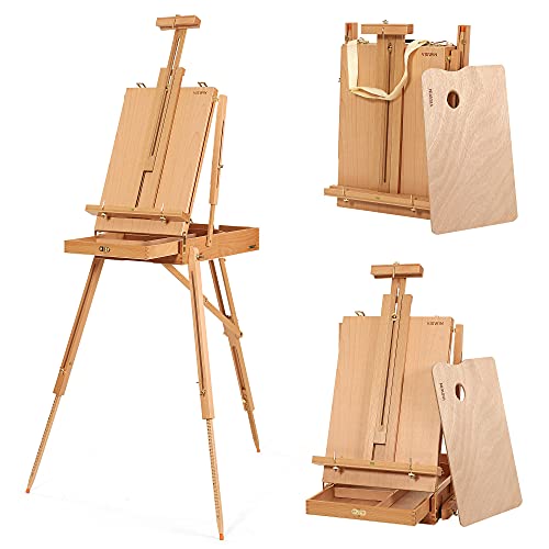 VISWIN French Easel for Painting with Palette, Shoulder Strap & Storage, Adjustable Beech Wood Travel Art Easel Stand, Portable Sketchebox Plein-Air Easel for Adults, Artists, Table Top & Floor Use - color: Natural