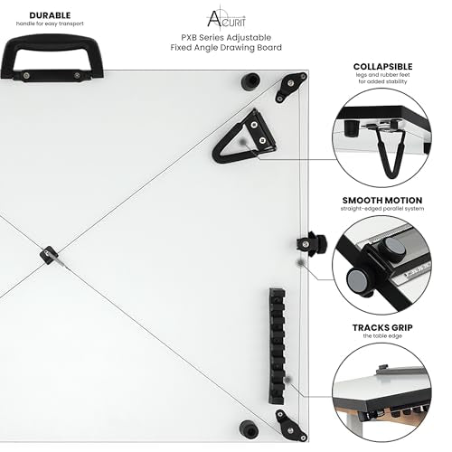 Acurit PXB 23” x 31” Drawing Board for Artists and Designers - Portable Workspace for Drawing, Sketching, Drafting, Painting - Fixed Angled Laminated Surface with Ruler and Parallel Motion Bar - size: 23x31"