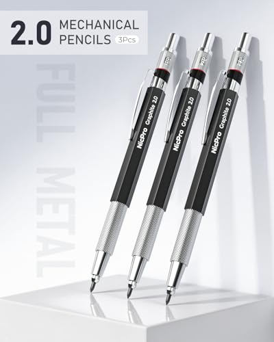 Nicpro 2mm Metal Mechanical Pencil Set with Case, 3PCS Lead Pencil Holder 2.0 mm with 144PCS Lead Refills (4H 2H HB 2B 4B 6B Color), Eraser, Sharpener for Drafting Writing Drawing Sketching - size: 3 Pack