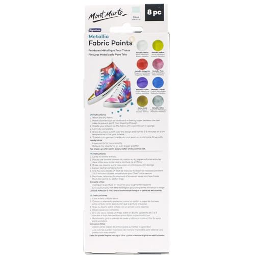 Mont Marte Permanent Fabric Paint Set 8 x 20ml Metallic Colours for Textile, Fabric, T-Shirt, Canvas, Wood, Ceramic, Glass - color: Metallic