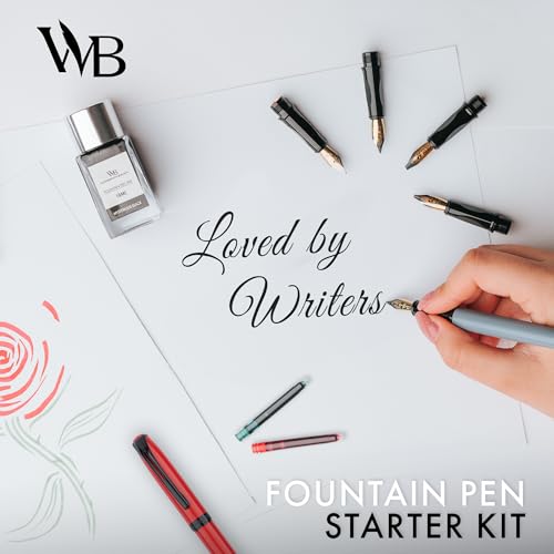 Wordsworth and Black Fountain Pen Set - Grey - Includes 2 Pens, 18 ML Ink Bottle, 60 Ink Cartridges, A Refill Converter, 1 Medium and 4 Broad Nibs, Brush Pen - Fountain Pen Kit for Beginners - color: Red and Grey