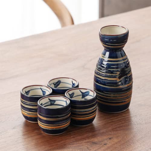 5 Pieces Japanese Sake Set 200ml Sake Bottle 50ml Saki Cup Set Traditional Hand Painted Design Porcelain Pottery Ceramic Soju Cups Sake Glasses (Blue Wise)