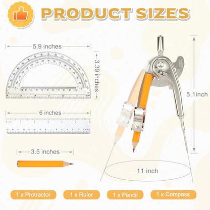 4 Pieces Geometry Math Set Compass for Geometry Math Compass and Protractor Set Include Metal Compass with Pencil Plastic Ruler and Protractor for Student School Office Woodworking Drawing Tools