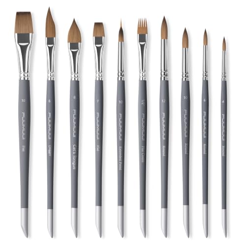 Fuumuui 10 Pcs Sable Watercolor Brushes Set, Multiple Shapes Watercolor Painting Brushes with Built-in Scraper Tail, Rubberized Birch Wood Handles for Artists Beginners Art Painting