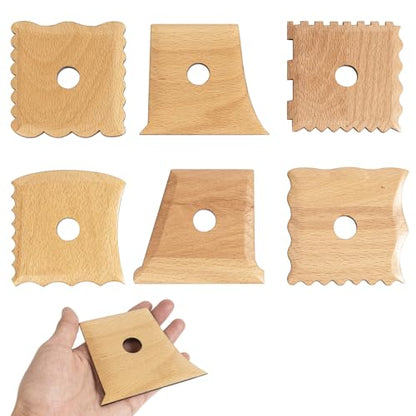 DIYOOHOMY 6 Pcs Wooden Pottery Ribs Trimming Tools, Beech Wood Clay Foot Shaper Set for Wheel Throwing Carving Sculpting Texturing, Pottery and Ceramics Clay Tools Supplies - color: wood-6