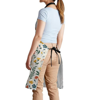 Cream Pastel Wildflower Art Waterproof Apron with Pockets | Garden Aprons for Men Women Adjustable Bib Apron for Cooking Kitchen Baking BBQ Painting Housework Oil Resistant - color: Earthy Summer Blooms