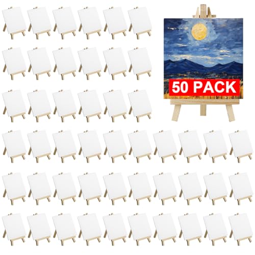 50 Pack Mini Canvas and Easel Set Bulk, 4x4 inch Small Canvases for Painting with Easels Stand, Mini Canvas Panels with Wood Easel Set for Students School Art Painting Party Supplies