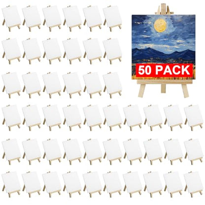 50 Pack Mini Canvas and Easel Set Bulk, 4x4 inch Small Canvases for Painting with Easels Stand, Mini Canvas Panels with Wood Easel Set for Students School Art Painting Party Supplies