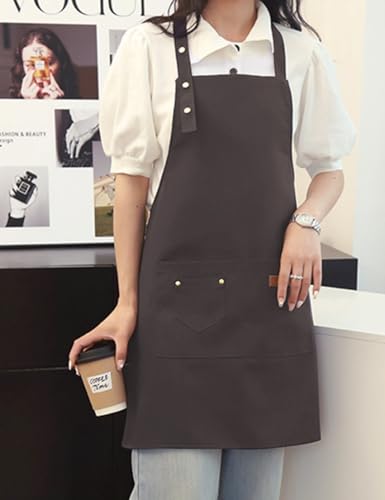 Kitchen Cooking Apron for Women Men with Big Pockets Canvas Waterproof Aprons for Server Pottery Artist Chef Apron - color: Grayish Green