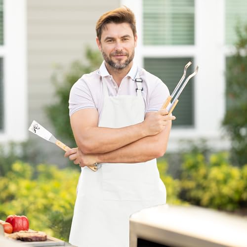 Adjustable Bib Apron 100% Polyester Kitchen Aprons Waterdrop Resistant Aprons with Adjustable Strap, Pockets & Long Ties - color: White, style: Pack of 2