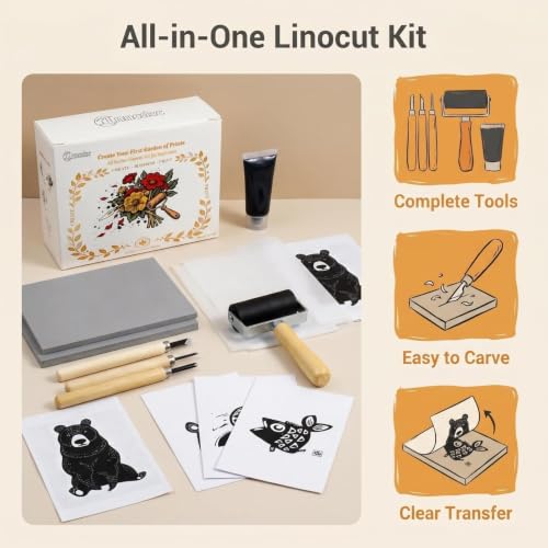 Lnncdsc Linocut Kit with Soft Linoleum Blocks and Carving Tools for Printmaking | Includes easy-carve linoleum blocks and multi-size carving cutters; complete printmaking supplies for beginners, artists