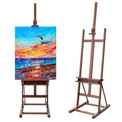 H-Frame Studio Easel with Wheels, Beechwood Artist Easel Storage Tray, Adjustable Floor Easel Stand Holding Canvas up to 51Inches for Painting, Brown - style: Basic Walnut