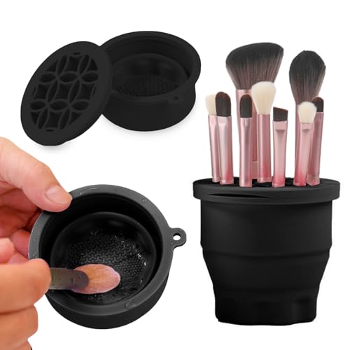 Makeup Brushes Cleaner Mat with Brush Storage Holder, Folding Portable Washing Tool for Makeup Brush Cleaning, 2 In 1 Silicone Brush Cleaner Pad & Cosmetic Brush Organizer Rack (Black) - color: Black