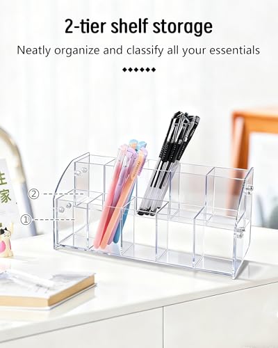 Multi-Compartment Clear Acrylic Pen Holder for Desk | Slanted Desktop Pencil Organizer & Marker Storage Case | Premium Hardware Stationary Cup for Home & Office (2 Tier) - size: 2 Layers