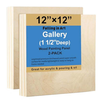 Falling in Art 2 Pack Unfinished Wooden Canvas Panels, 12x12 Gallery Birch Wood Panels Kit, 1 1/2" Deep Art Cradle Boards for Acrylic Painting, Pouring and Burning - size: 12*12 2 Pack