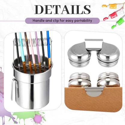 2 Pcs Paint Brush Cleaner Set Stainless Steel Double Dipper Palette Cup Paint Brush Portable Washer Holder for Oil Cleaner Kits(Straight Shape,Extra Large) - size: Extra Large