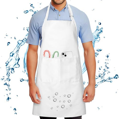 Chef Apron for Men and Women Wash Free Bib Apron with 2 Pockets Water & Oil Proof Adjustable Aprons - color: White