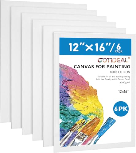 GOTIDEAL Canvases for Painting, 12x16 inch of 6 Pack, Professional Primed White Blank Flat Canvas Panels- 100% Cotton Artist Canvas Boards for Acrylics Painting, Oil Watercolor Tempera - size: 12"x16"