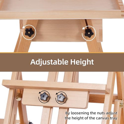 Large Horizontal Wooden H-Frame Studio Easel with Storage Drawer and Palettes, Solid Beechwood Painting Easel for Students, Beginners, and Artists, Hold Canvas to 50Inches High - style: Horizontal Natural