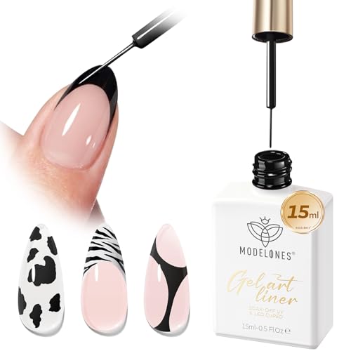 modelones Black French Tip Liner Gel Polish, 15 ML All Black Classic Color Nail Art Paint Swirl with Upgraded Fine Line Brush Soak Off U V DIY Home Salon Professional Manicure Design Gift for Women - color: All Black Liner