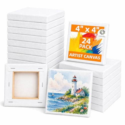 CONDA 24 Pack 4x4 Inch Mini Blank Canvas for Painting, 100% Cotton Stretched Canvas with Pinewood Frame, Acid-Free Primed Mini Square Canvas for Acrylic Oil Painting, Classroom Art & Party Decor - size: 4"x4",24pack
