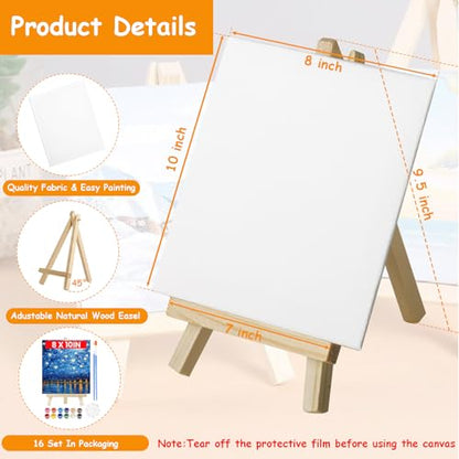 16 Pack Canvas Painting Kit, 8 x 10 inch Canvas and Easel Set Bulk with 12 Colors Acrylic Paint, Brushes, Palettes, Sip and Paint Kit for Adults Beginners Party Supplies