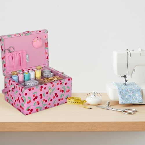 Hobby Gift Medium Sewing Box Organiser, Fabric Covered Storage Box with Handle, Internal Tray, Pin Cushion and Pocket for Sewing, Quilting and Knitting Supplies - color: Cherries