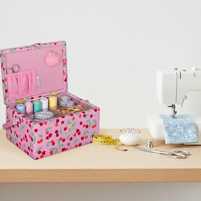 Hobby Gift Medium Sewing Box Organiser, Fabric Covered Storage Box with Handle, Internal Tray, Pin Cushion and Pocket for Sewing, Quilting and Knitting Supplies - color: Cherries