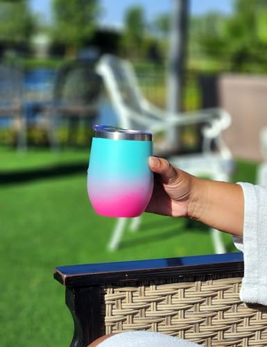 CHILLOUT LIFE 12 oz Stainless Steel Wine Tumbler with Lid - Double Wall Vacuum Insulated Wine Cup Glass Keeping Cold & Hot for Coffee, Champagne, Cocktails, Ice Cream - Powder Coated Aqua Blue/Pink - color: Frozen Slushy, style: 1 Pack
