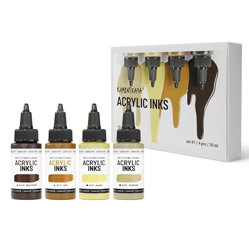 Kamenskaya Acrylic Inks for Artists - Acrylic Ink Set, Color Combination #1-4 pcs. 1 Fl Oz (30 ml) Each - color: Color Combination #1, style: Core Line