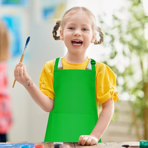 10 Pack Kids Apron Children Apron Adjustable with 2 Pockets Kids Chef Painting Aprons for Cooking Baking Painting Crafts Making (Green) - color: Green