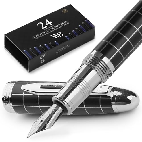 Wordsworth & Black Majesti Fountain Pen-(Checked), Luxury Case, Chrome Finish; Fine Nib- Ink Cartridges, Refillable Ink Converter-Calligraphy Pen-Best Business Gift Set for Men & Women | Checked, Gift for Men Women, Chrome Finish, 18K German Iridium, Call
