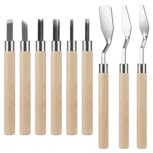 9 PCS Stamp Making Kit, Linocut Tools, Stamp Carving Kit Linoleum Carving Blocks for Printmaking with 3 Scrapers for Beginners Oil Painting Wallpaper DIY Crafts Wood-Carving
