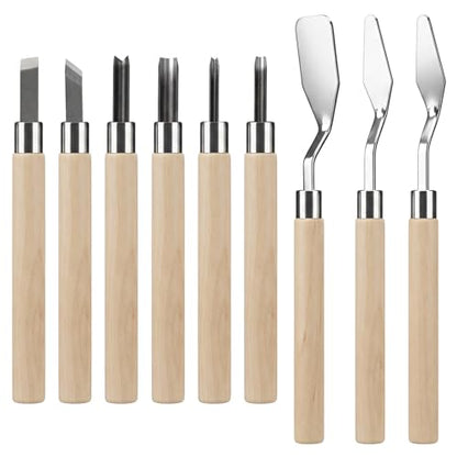 9 PCS Stamp Making Kit, Linocut Tools, Stamp Carving Kit Linoleum Carving Blocks for Printmaking with 3 Scrapers for Beginners Oil Painting Wallpaper DIY Crafts Wood-Carving