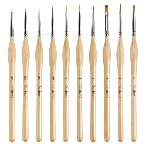 10 pcs Miniature Detail Paint Brushes Set - Precision Round & Filbert Brushes for Miniature, Model Painting, Watercolor & Figurines - Fine Tip Artist Brush Kit with Ergonomic Handle (Wood)