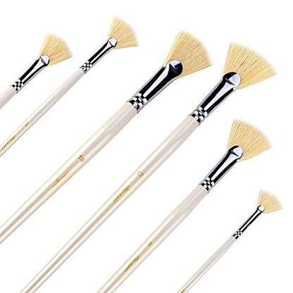 Amagic Fan Brush Set - Hog Bristle Natural Hair - Artist Soft Anti-Shedding Paint Brushes for Acrylic Watercolor Oil Painting, Long Wood Handle with Case, Set of 6
