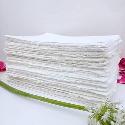 Handmade Off-White Deckle Edge Blank Paper - Mixed Media, Calligraphy, Watercolor, Postcards, Invitations, Crafts, and Announcements - A5, Thick 150 GSM, Pack of 100 Sheets (8" x 6" Off-White) - size: 8" x 6" Off-White