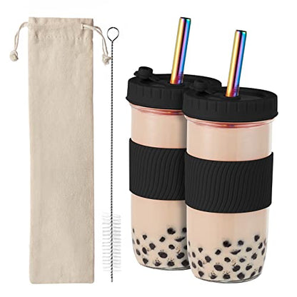 Amyoole 2 Pack Reusable Boba Cup,24Oz Wide Mouth Smoothie Cup,mason Jar Glass Cups with Lids and Straws,Bubble/Boba Tea Cups,Ice Coffee Tumbler 2 colored straws 1 sponge brush(Black) - color: Black