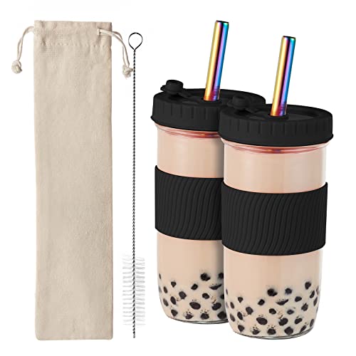 Amyoole 2 Pack Reusable Boba Cup,24Oz Wide Mouth Smoothie Cup,mason Jar Glass Cups with Lids and Straws,Bubble/Boba Tea Cups,Ice Coffee Tumbler 2 colored straws 1 sponge brush(Black) - color: Black