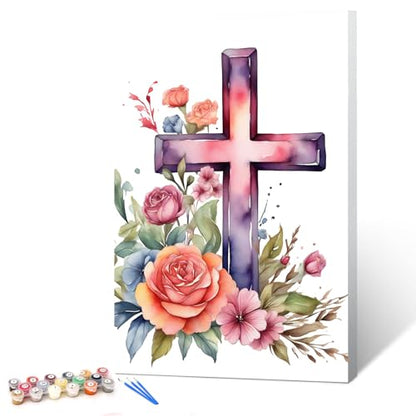 Ginkko Paint by Numbers Kit for Adults Beginner & Kids Ages 8-12 with Wooden Frame Easy Acrylic on Canvas 8x12 inch with Paints and Brushes, Cross and Flower(Include Framed) - color: CrossFlower framed, size: 8x12 Inch
