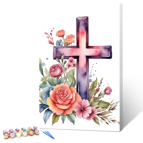 Ginkko Paint by Numbers Kit for Adults Beginner & Kids Ages 8-12 with Wooden Frame Easy Acrylic on Canvas 8x12 inch with Paints and Brushes, Cross and Flower(Include Framed) - color: CrossFlower framed, size: 8x12 Inch