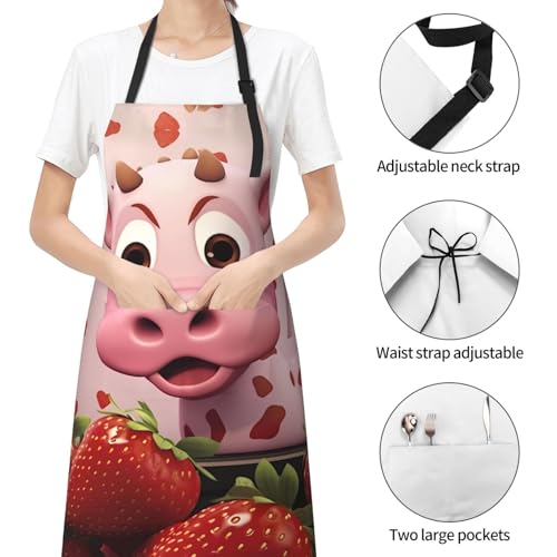 Prancing Brown Horse Heavy Duty Waterproof Apron with Pockets for AdultsResistant Grilling, Gardening, Painting - color: Pink Cow With Strawberries