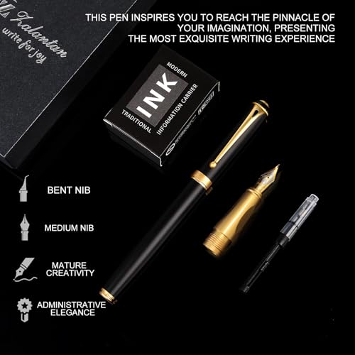 Fountain Pen-Smooth Writing Metal Water Pen with Gift Case Fine Nib Consistent Ink Flow Luxury Pen for Nice Pens Includes a Calligraphy Nib 8 Ink Cartridges and a Converter (Gold) - color: Gold