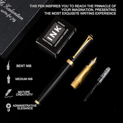 Fountain Pen-Smooth Writing Metal Water Pen with Gift Case Fine Nib Consistent Ink Flow Luxury Pen for Nice Pens Includes a Calligraphy Nib 8 Ink Cartridges and a Converter (Gold) - color: Gold