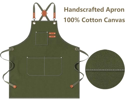 AFUN Aprons for Men Women with Large Pockets, 16-Ounce Cotton Canvas Cross Back Apron - color: Army Green