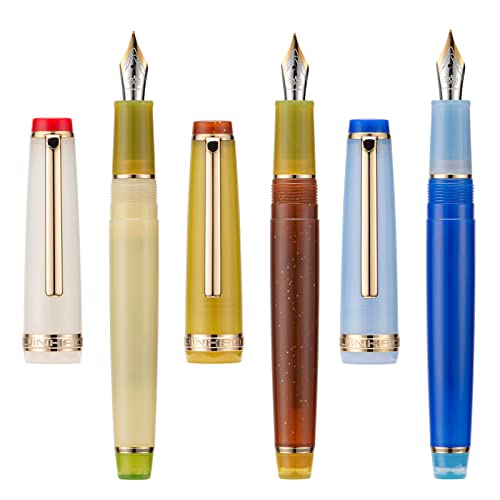 3 Jinhao 82 Fountain Pen Transparent Mixed Classic Color Acrylic Medium Point Gold Trim with Converter Set - color: Mixed Classic Gold Trim, style: Medium Nib