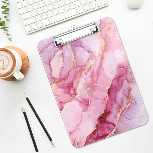 Plastic Cute Clipboard Low-Profile Metal Clip, A4 Letter Size 9 x 12.5 in, 8.5 x 11 Paper Clip Board for Teachers, Nurses, Classroom,Pink Marble - color: Pink Marble